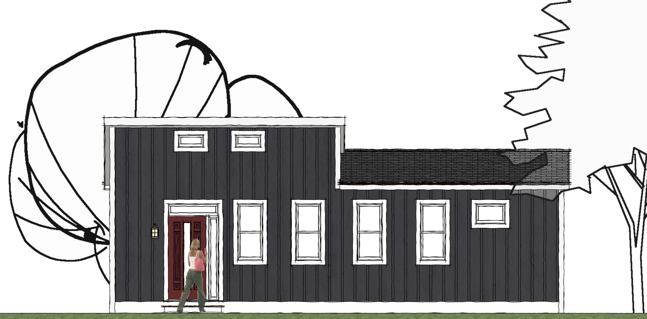 The Durham ADU model — 550 sq ft — front 2D elevation showing central entry door, modern windows, flat façade, and sketched landscaping.