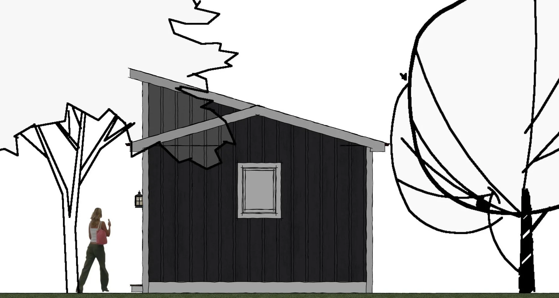 The Durham ADU model — 550 sq ft — side 2D elevation with shed-style roofline, single modern window, and sketched trees.