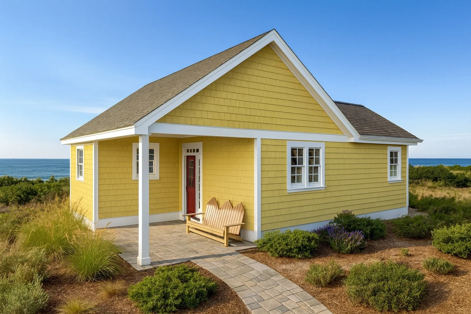The Seacoast ADU model — 550 sq ft — exterior rendering with yellow shingle siding, white trim, covered porch, and coastal landscaping.