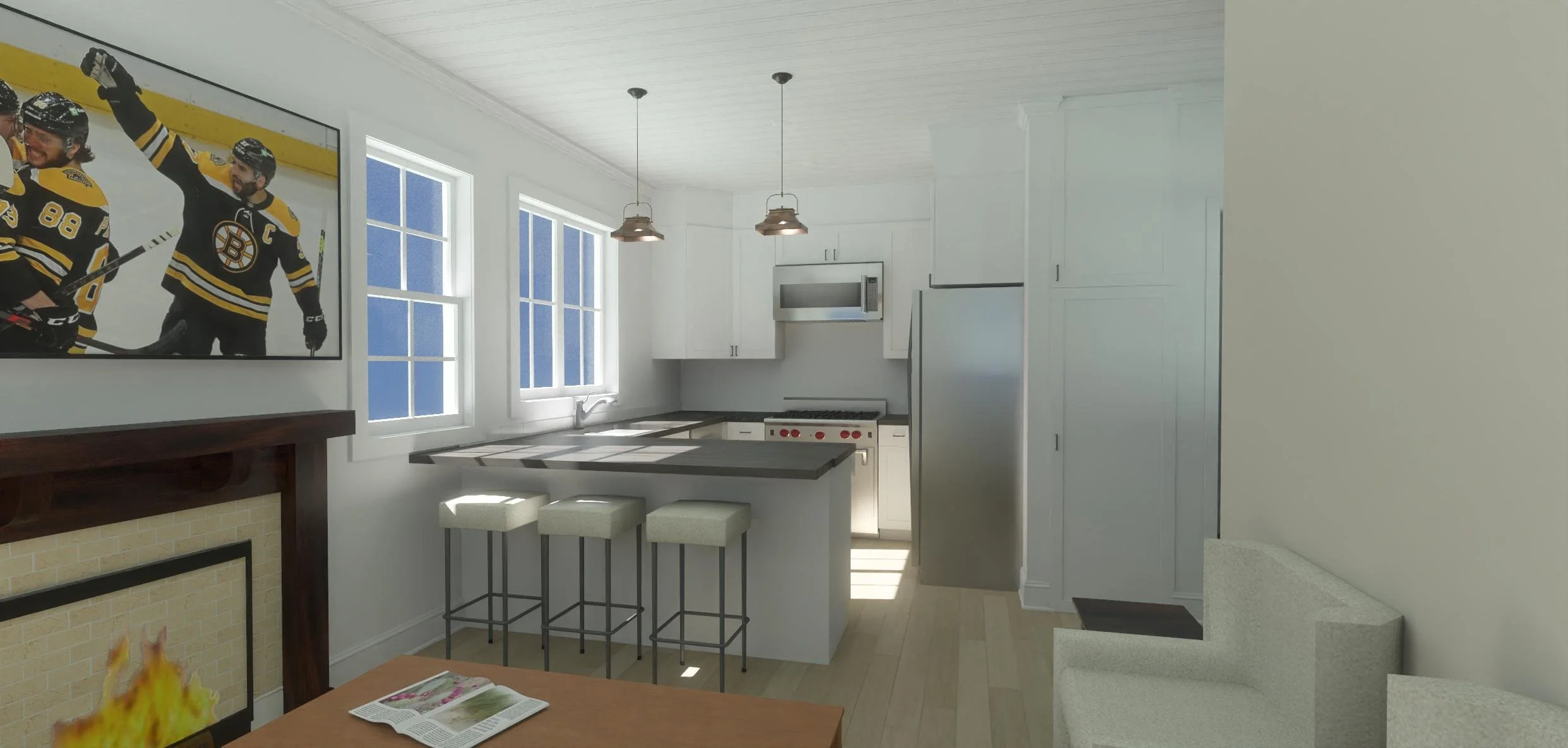 The Seacoast ADU model — 550 sq ft — interior rendering showing living room with fireplace, dining table, and full kitchen with standard appliances.