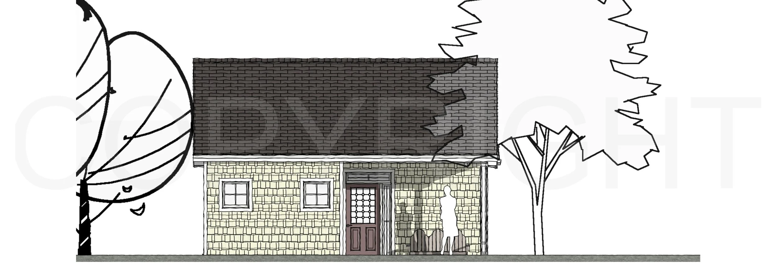 The Seacoast ADU model — 550 sq ft — 2D front elevation with centered entry door, double windows, pitched roof, and sketched trees.