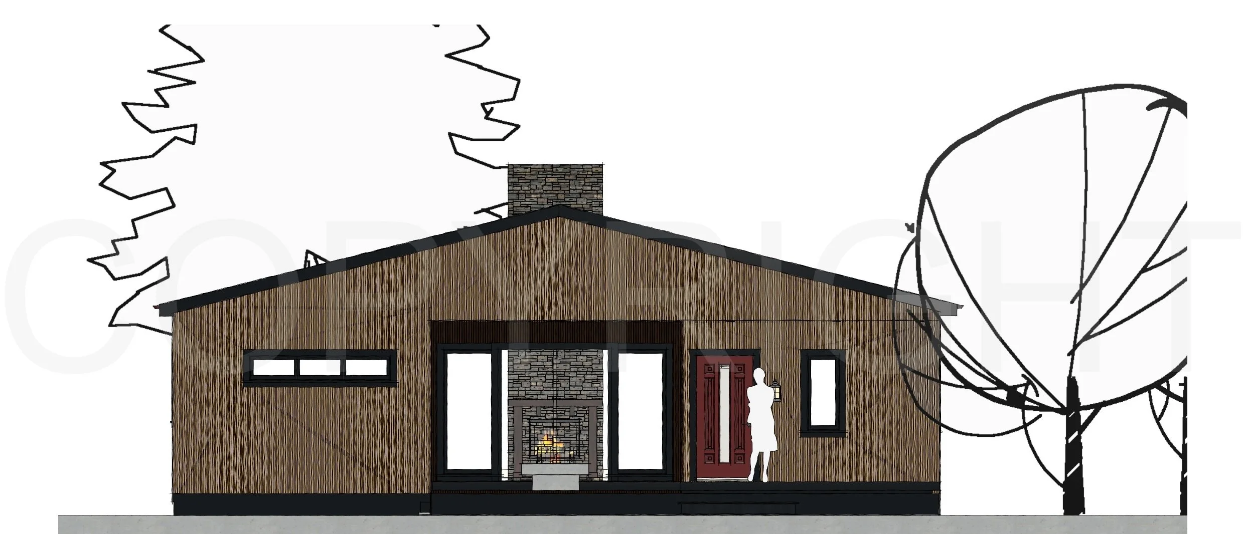 The Cannon ADU model, architectural elevation — front facade 2D drawing showing window placement, covered porch, roofline, and exterior proportions.