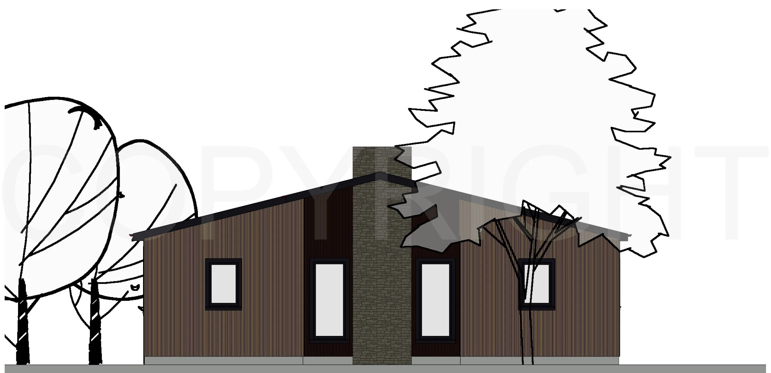 The Cannon ADU model, architectural elevation — rear facade 2D drawing showing roofline, bedroom windows, and simplified landscape outline.