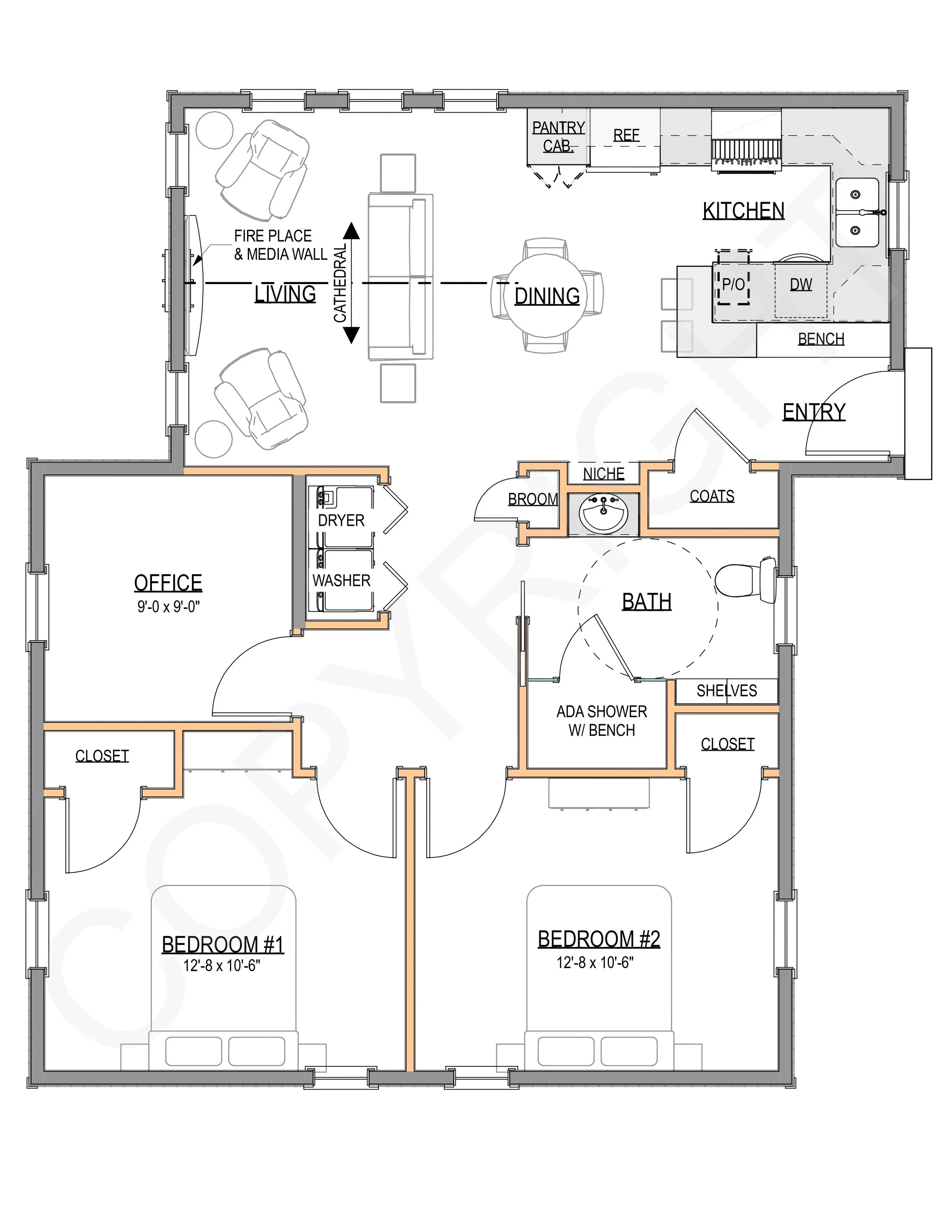 The Notch ADU model — 950 sq ft floor plan showing two bedrooms, dedicated office, central living area with cathedral ceiling, full kitchen, full bath, and laundry closet.