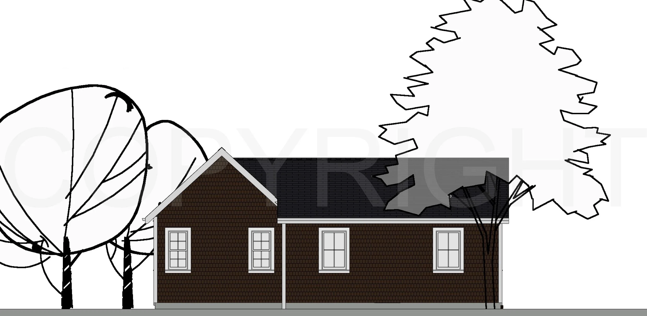 The Notch ADU model — 950 sq ft, rear elevation 2D architectural drawing featuring bedroom windows, office bump-out, and gable roof profile with sketched trees.