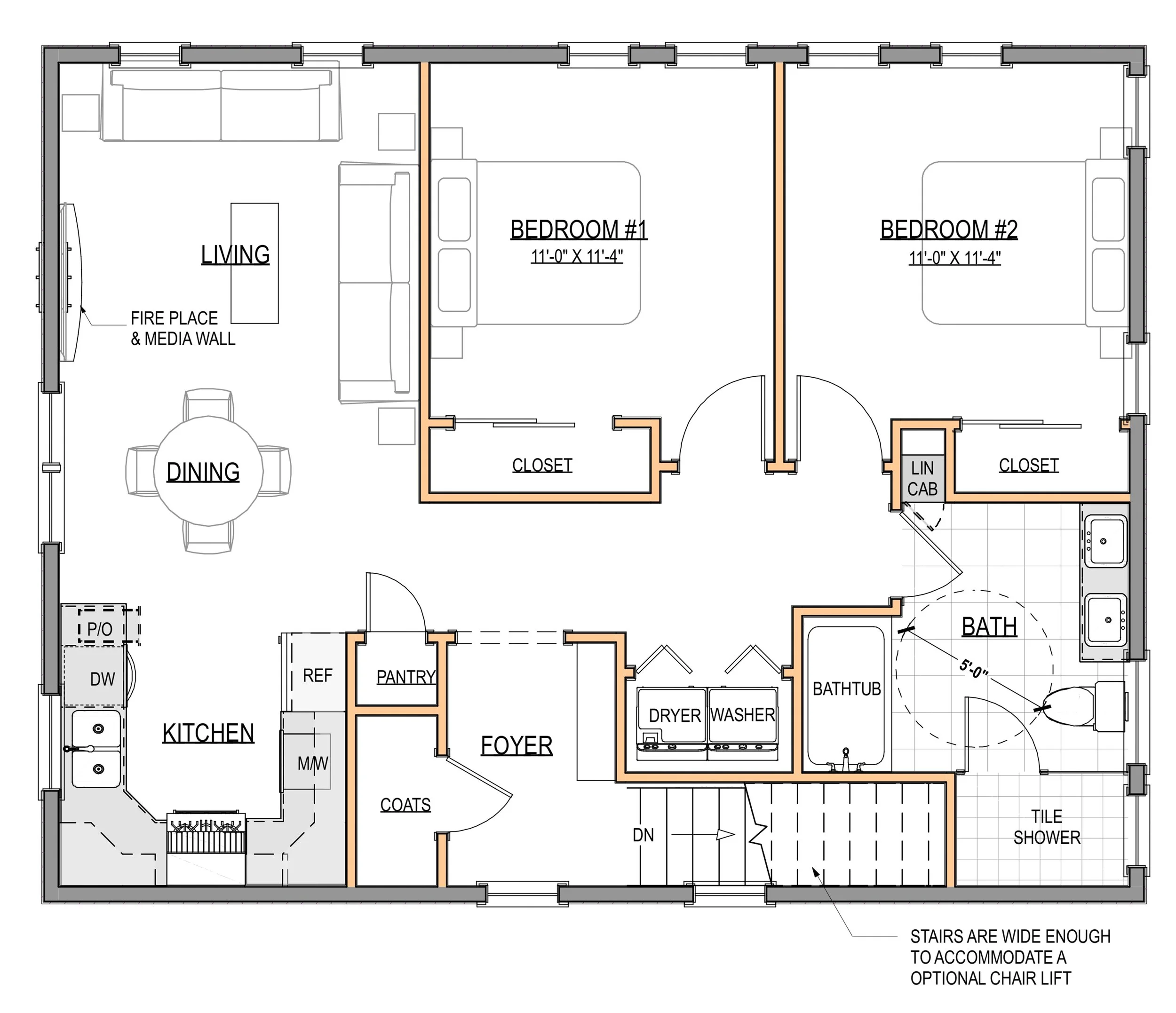 Floor plan of a house showing a living room with fireplace, dining area, kitchen with pantry, foyer, two bedrooms, one bathroom with tub and tile shower, laundry area, and closets.