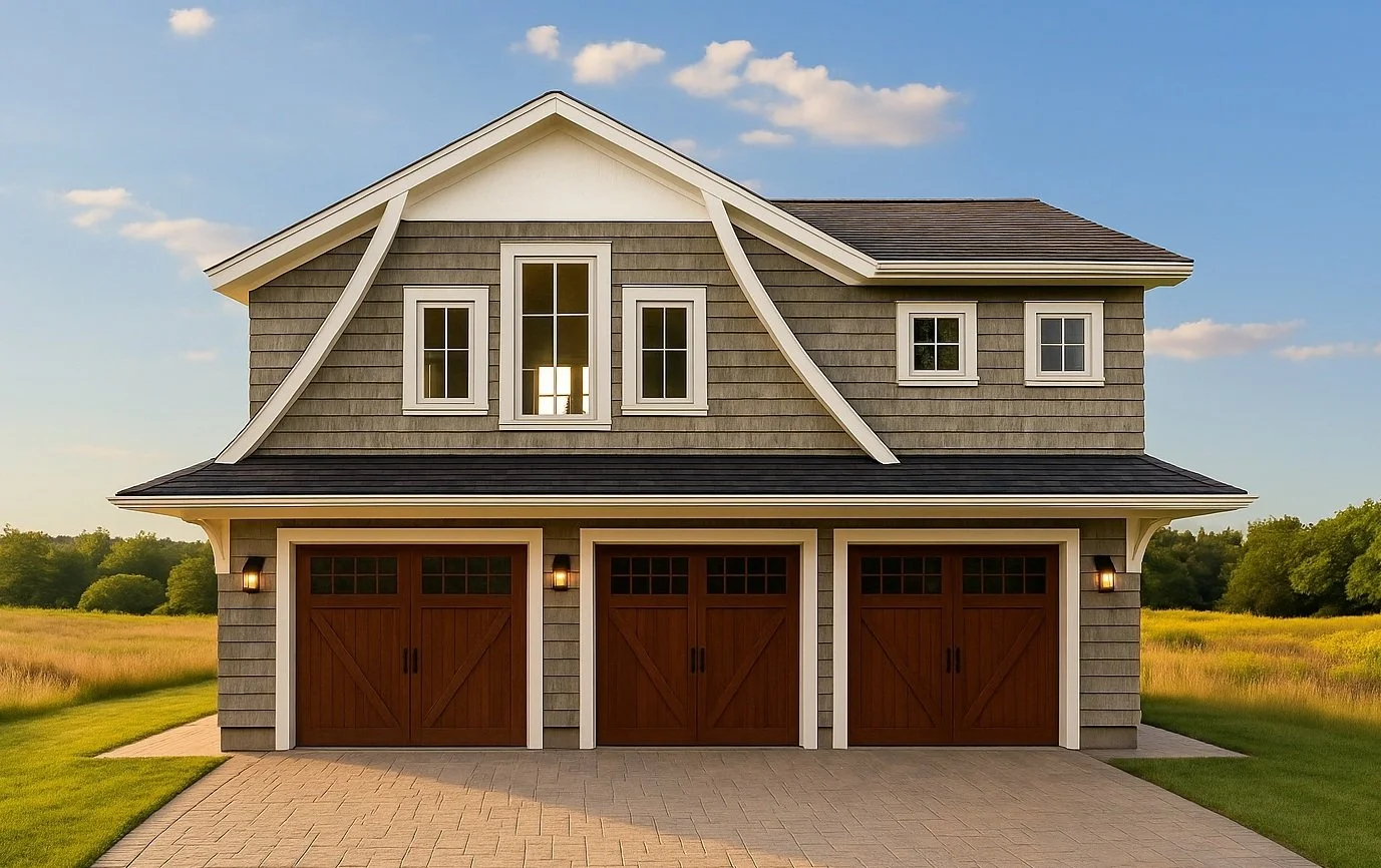 The Piscataqua ADU model — 950 sq ft, two-bedroom living space built above a three-car garage, with double gables, wide windows, and traditional New England proportions