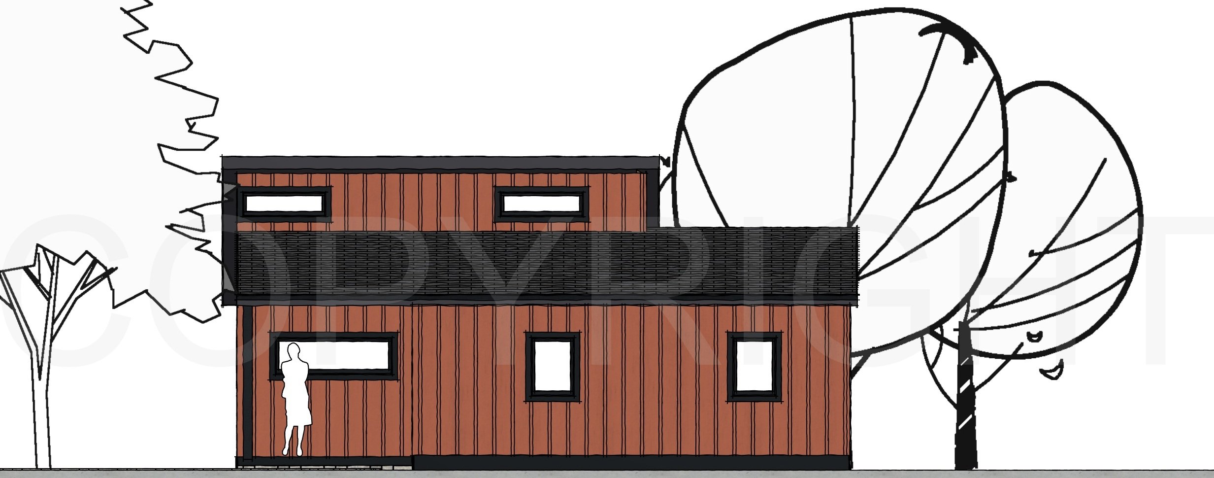 The Flume ADU model — 620 sq ft — long side elevation showing extended shed roof profile and multiple windows, with sketched landscape trees.