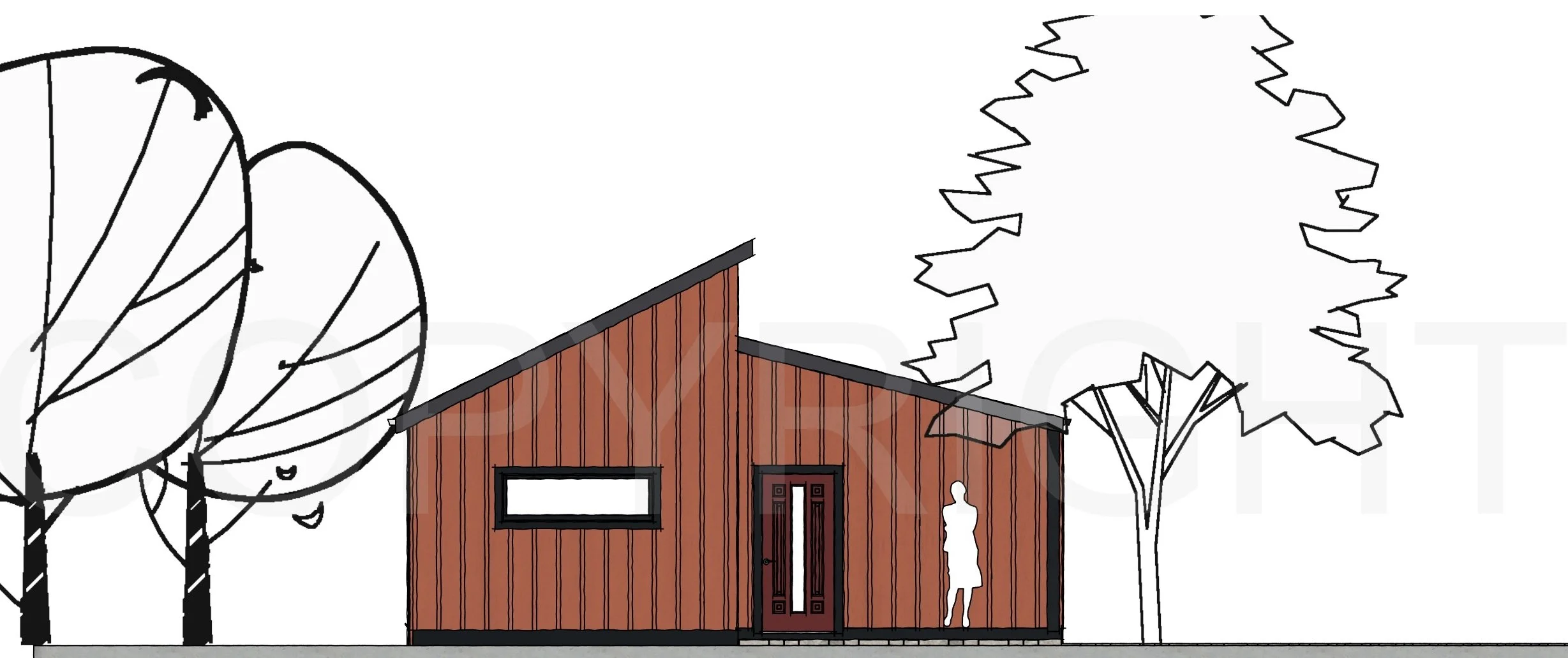 The Flume ADU model — 620 sq ft — 2D architectural elevation with modern shed-style roofline, vertical siding, and minimal window arrangement.