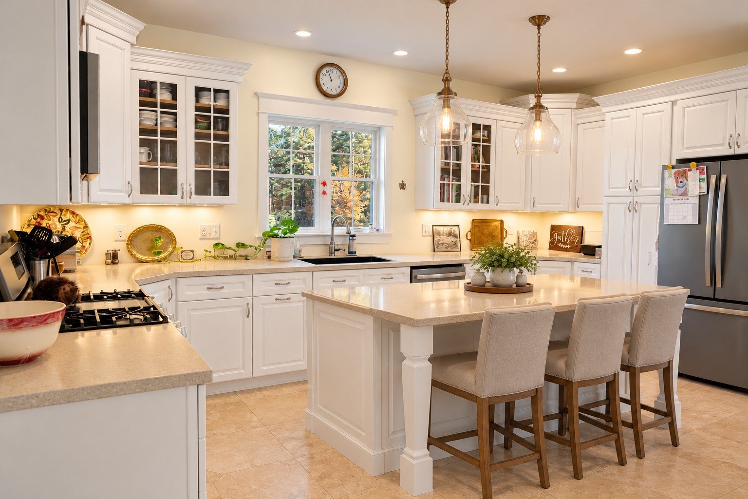 White kitchen with a large island, glass-front cabinets, and pendant lights