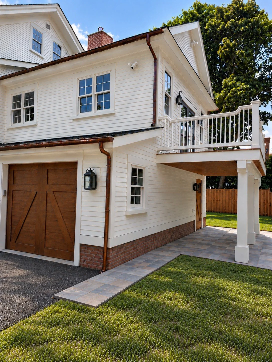Garage and balcony addition with brown barn-style garage door, brick base, and white railing