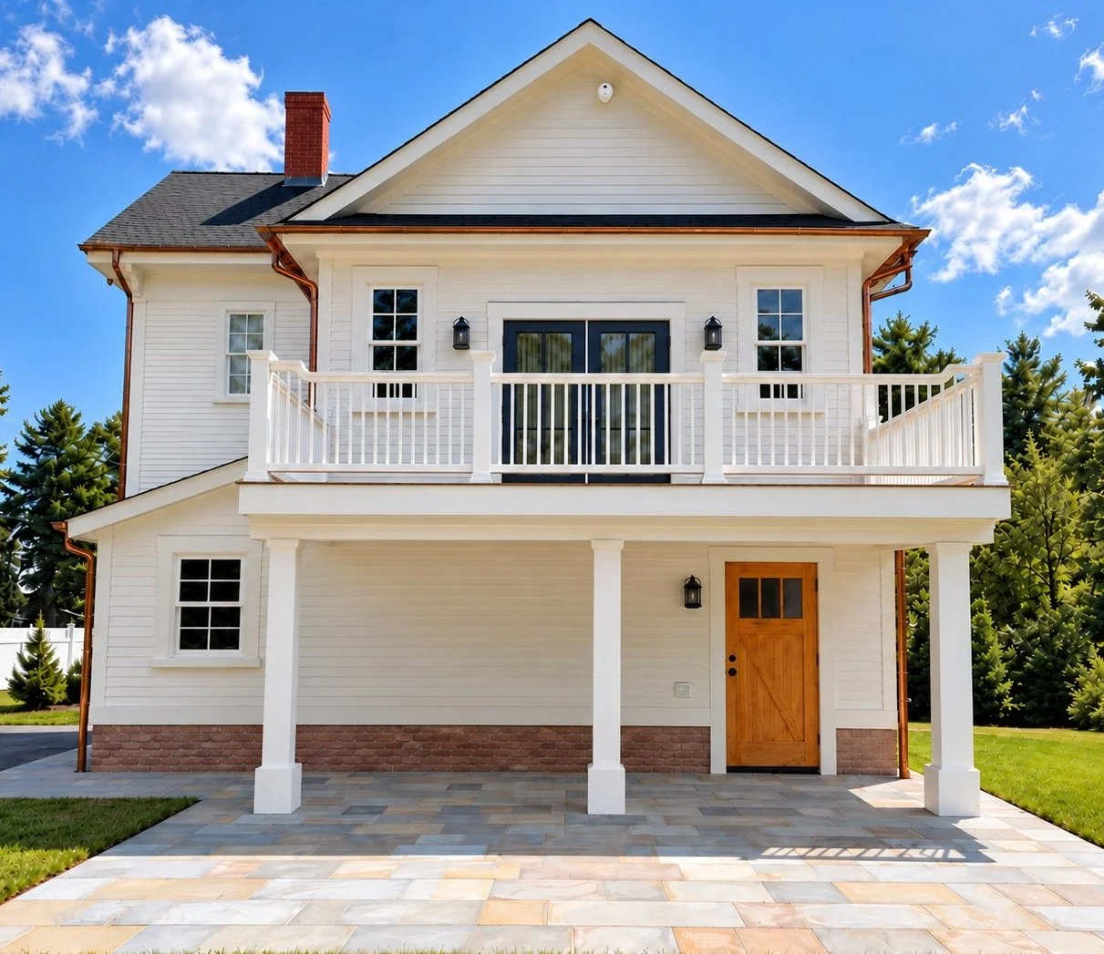 Front of a white two-story home with a second-floor balcony, covered porch, wood front door, and stone patio