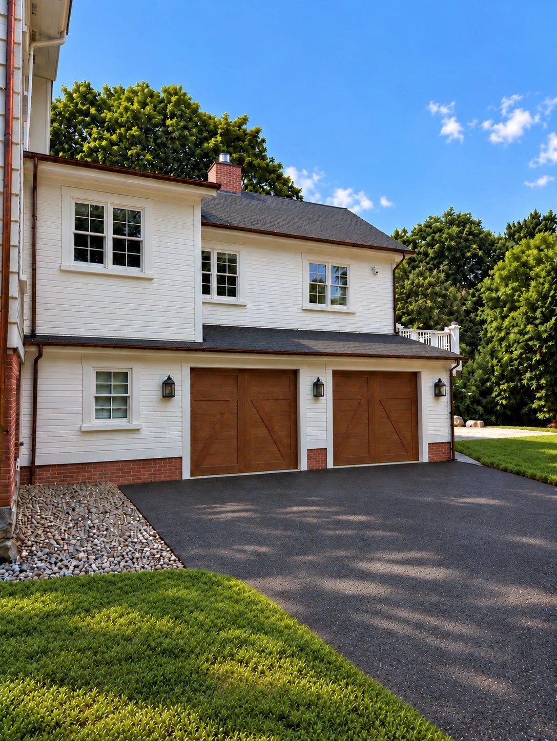 Side of the white home with a two-car garage with brown barn-style doors and a new asphalt driveway