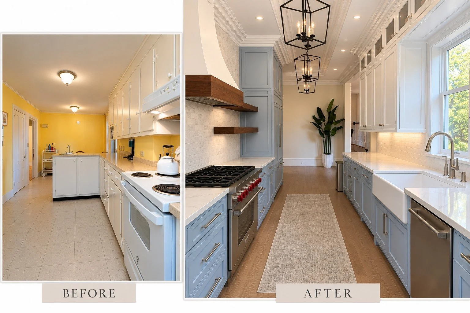 Kitchen before and after remodel showing the narrow white kitchen replaced by a new galley with blue-gray cabinets and lantern pendants