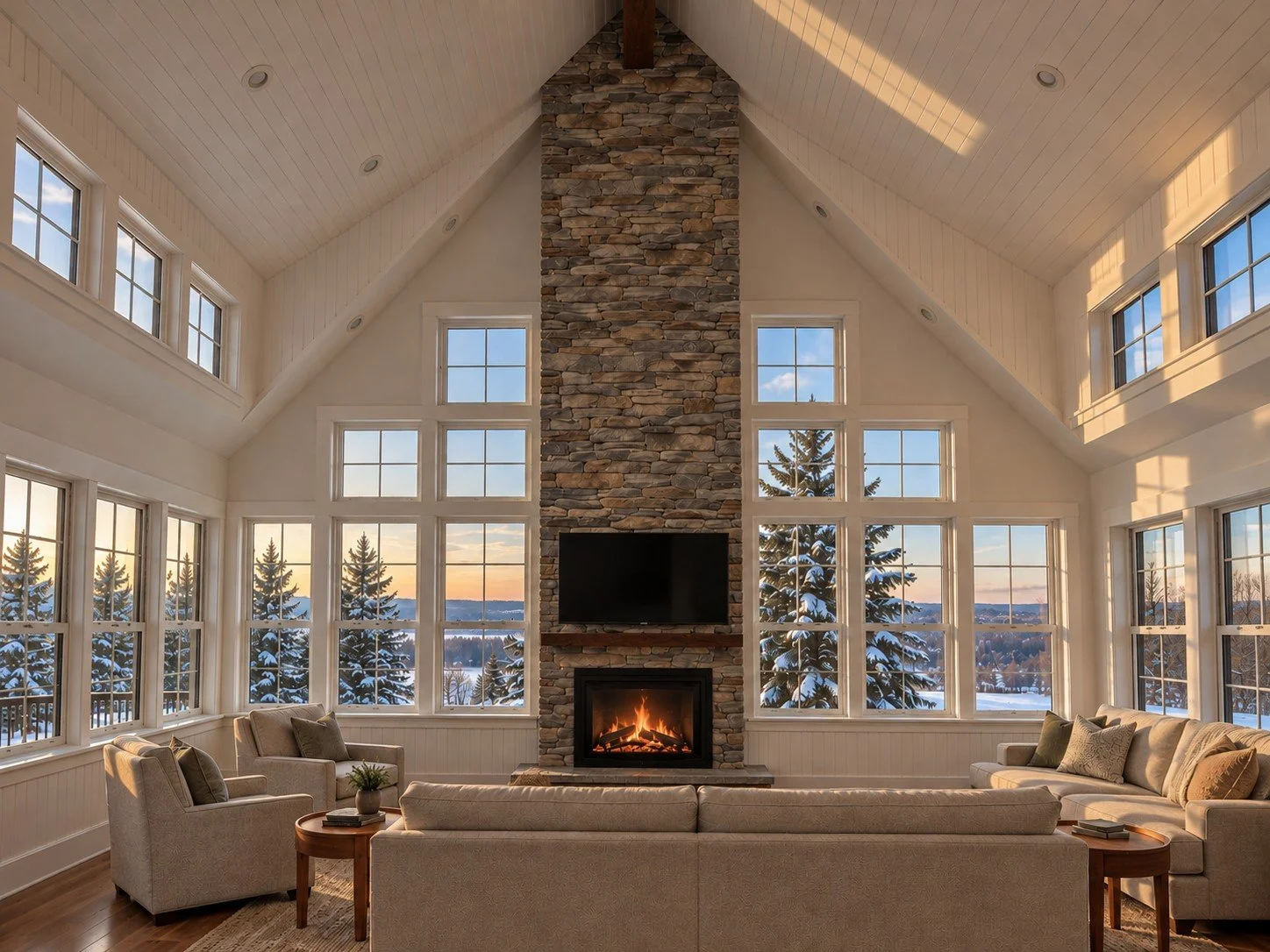 Great room with a vaulted wood ceiling, a stone fireplace, and a wall of windows facing the snowy woods