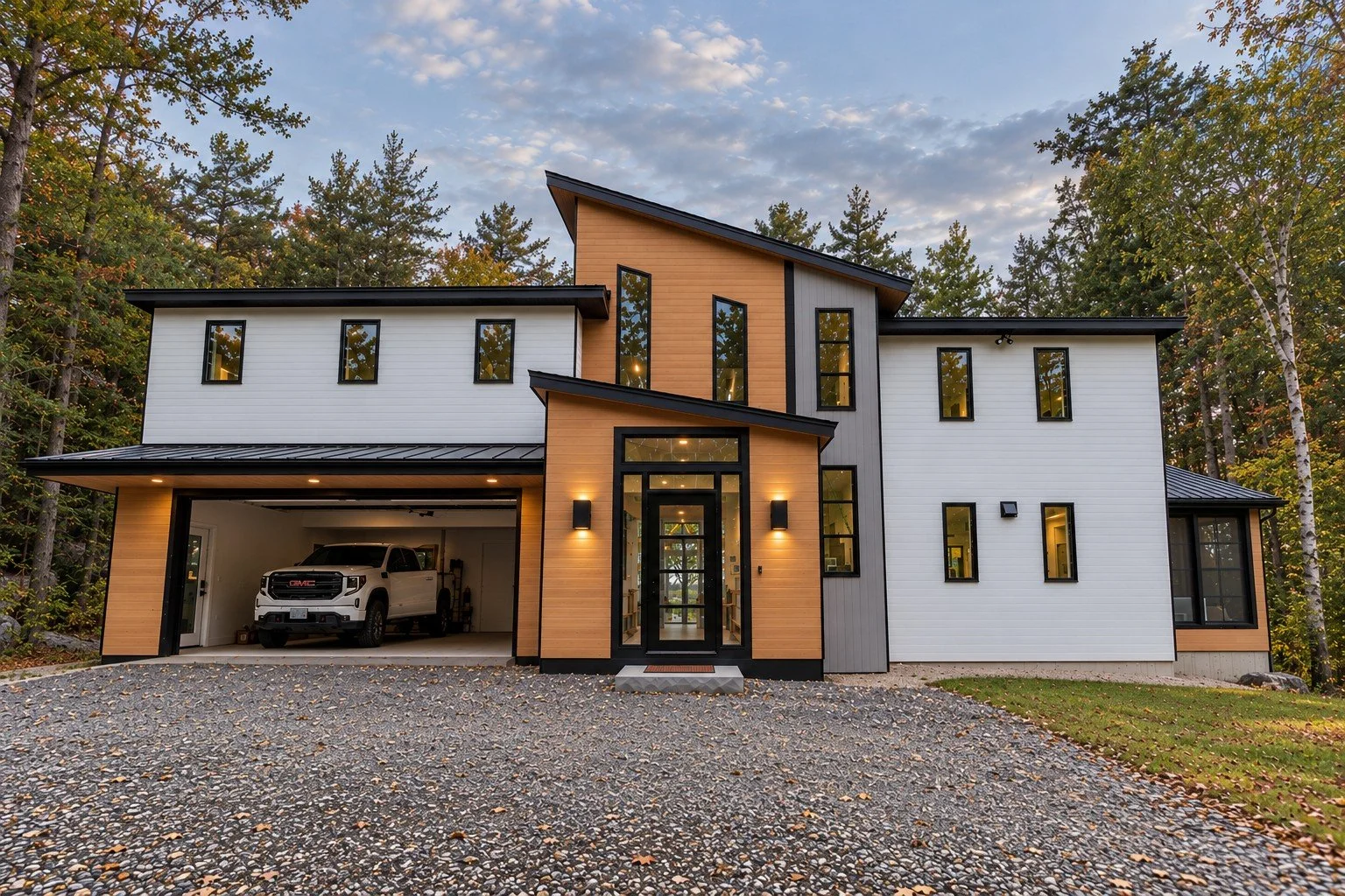 Front of the modern lake house with white and wood siding, black-framed windows, an attached garage, and a gravel driveway