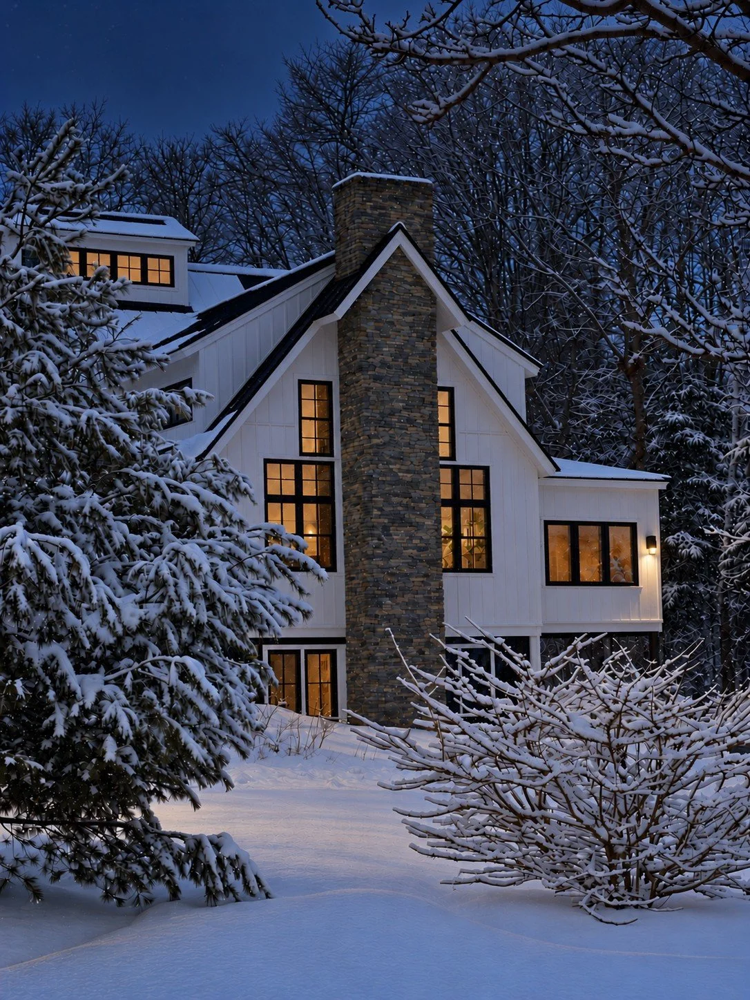 Modern farmhouse with a stone chimney at dusk, windows glowing warmly against deep snow