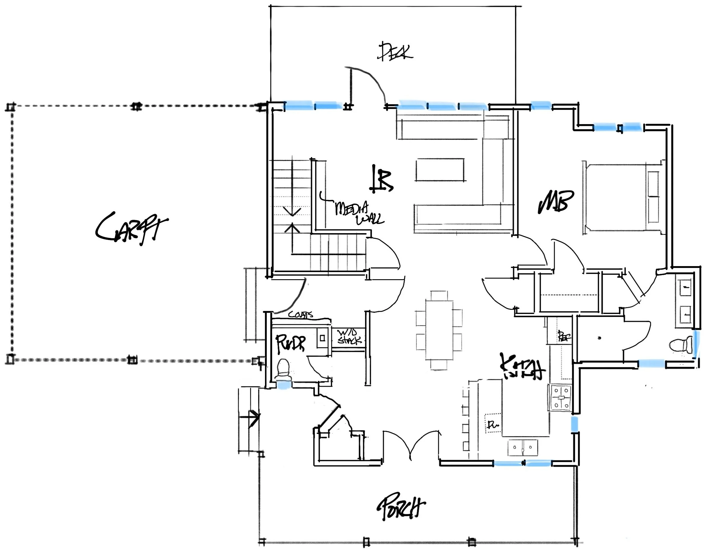 Hand-drawn floor plan sketch of a house