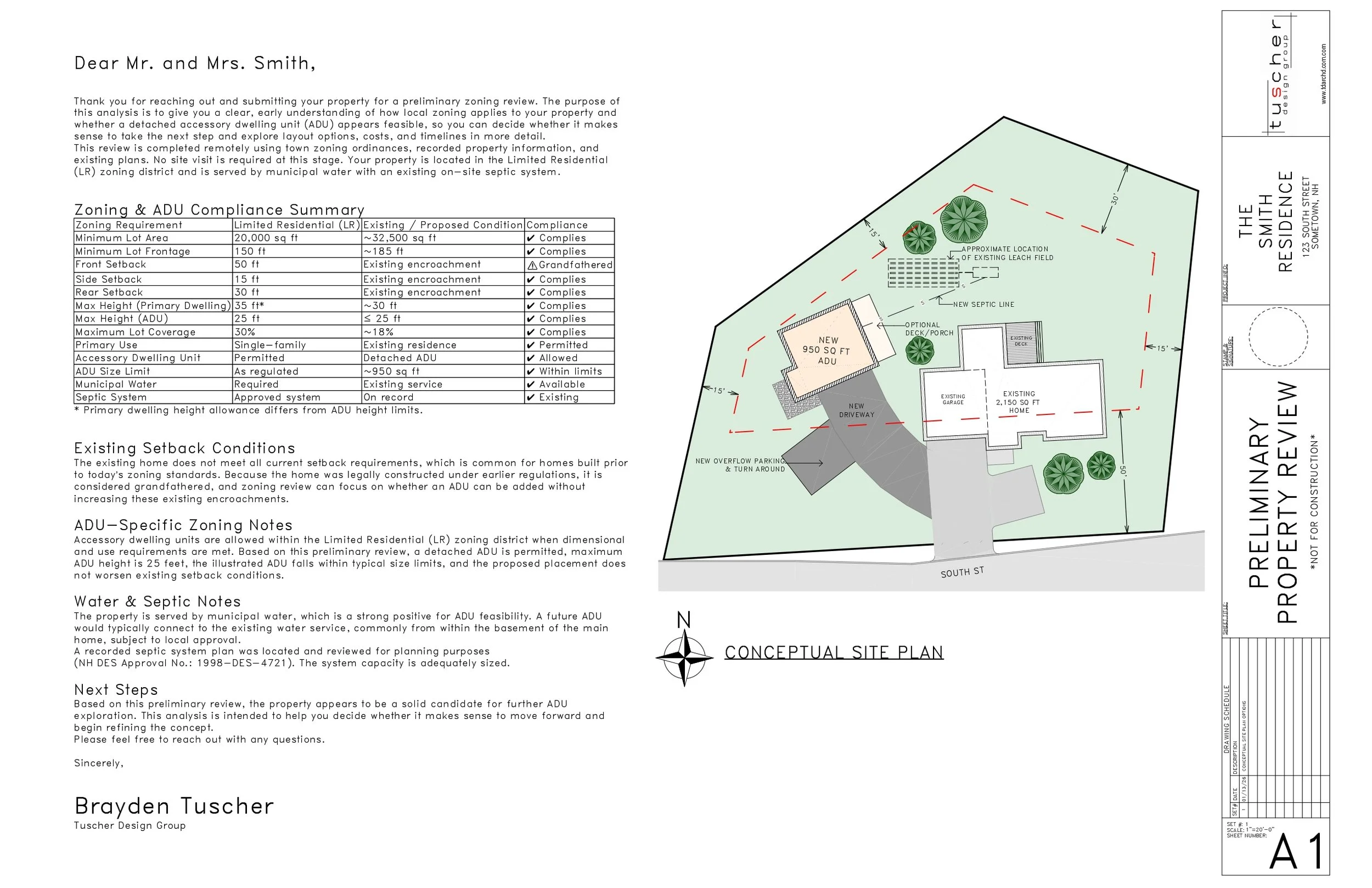 Sample zoning analysis report page with a property review site plan