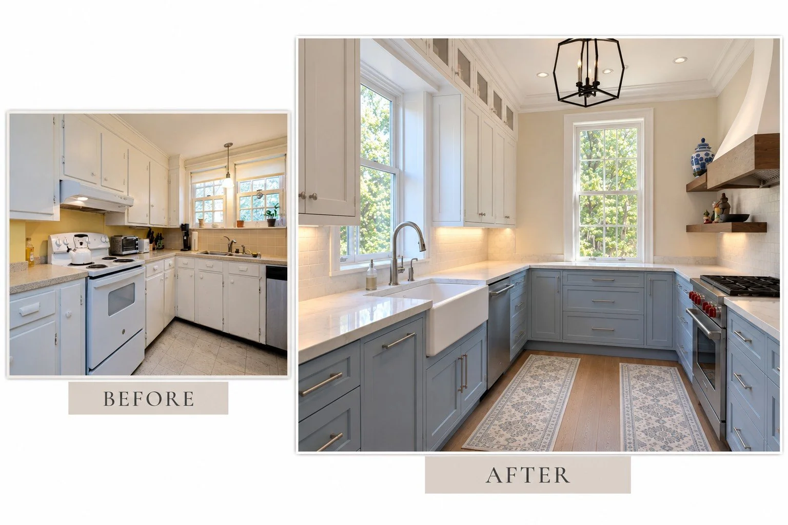 Kitchen before and after remodel, from a dated yellow-walled galley to a bright kitchen with blue-gray cabinets and a farmhouse sink