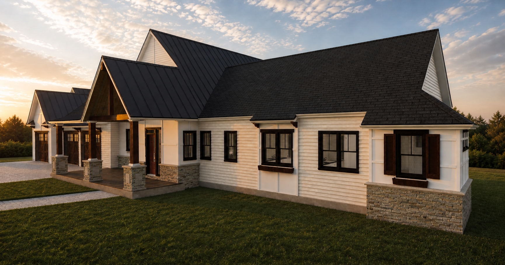 3D rendering of a white house with a stone base, dark roof, and covered porch at dusk