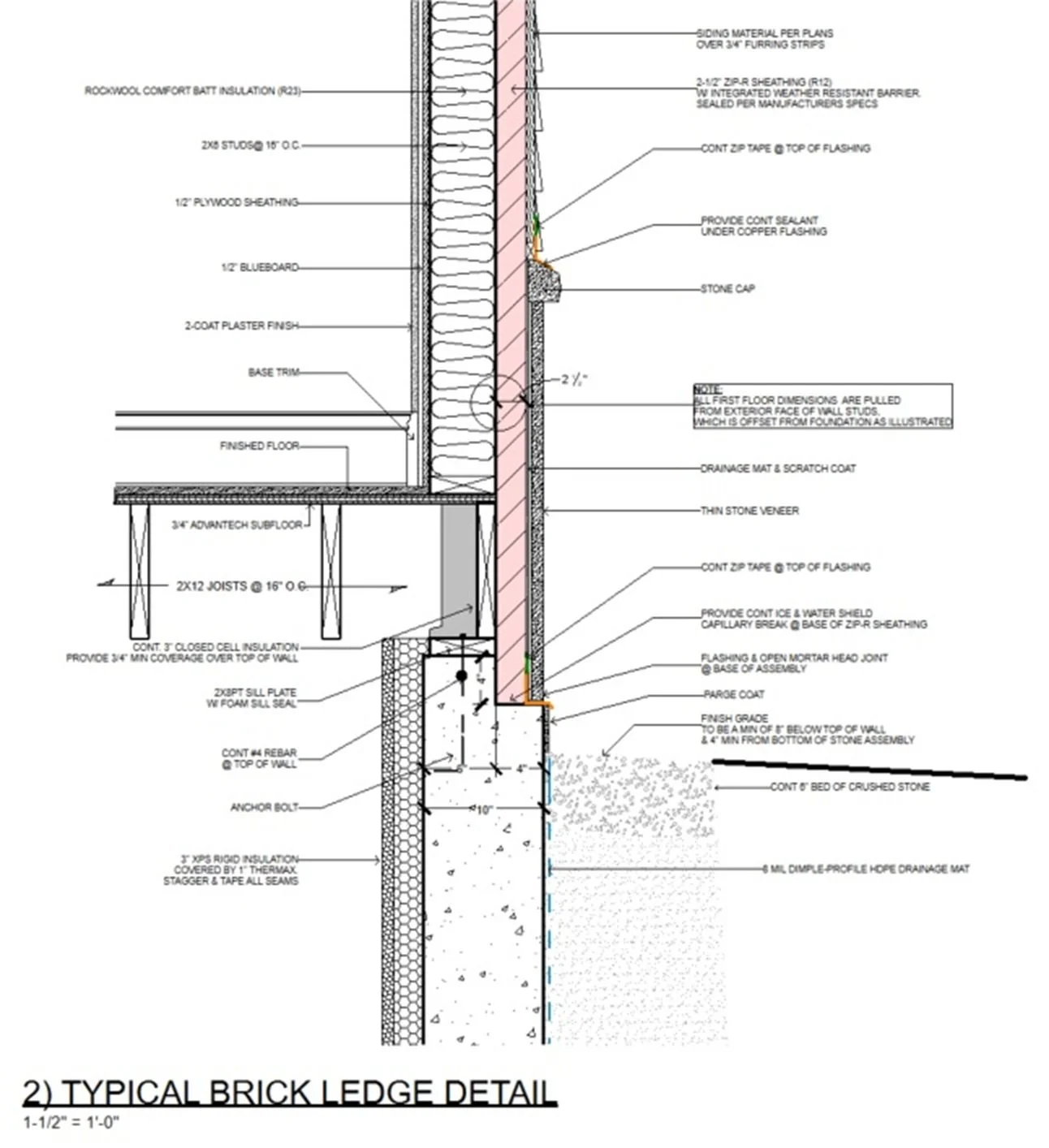 Typical brick ledge wall detail drawing