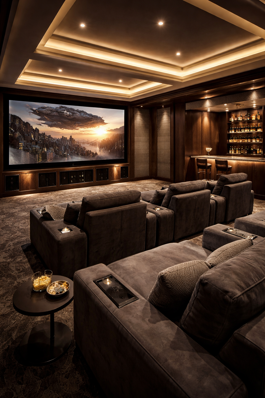 Luxury home theater room with plush gray sofas, ambient ceiling lighting, a large screen displaying a cityscape at sunset with a flying spaceship, a bar area with bottles on shelves, and a small side table with snacks and drinks.