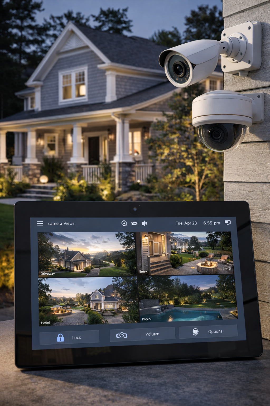 Security cameras mounted outside a house with a surveillance monitor displaying multiple camera views of the property, including the driveway, porch, yard, and pool.