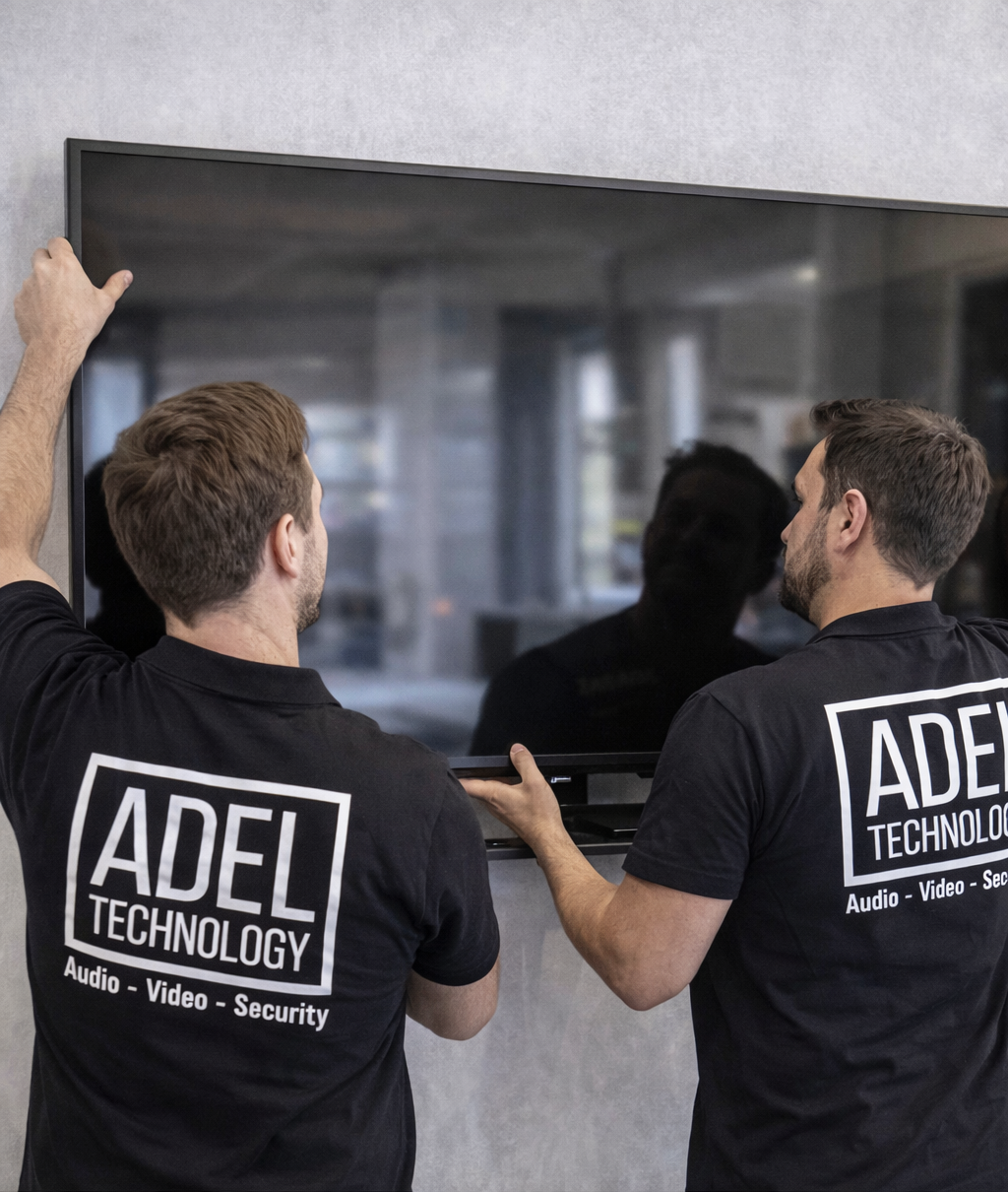 Two technicians from Adel Technology, a security and audio visyal company, are installing a flat-screen television on a wall.