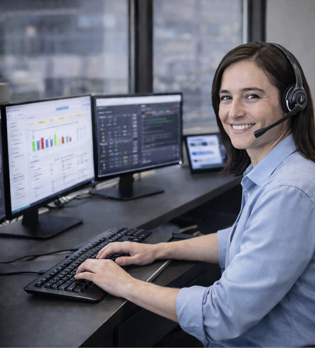 A woman with dark brown hair wearing a blue shirt, sitting at a desk with three computer monitors displaying graphs and data. She is giving support services for audio visual customers.