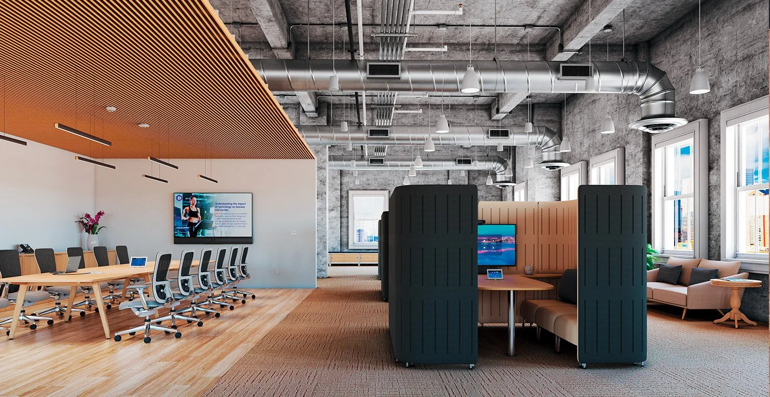 Modern office conference room with a large wooden table, black ergonomic chairs, a wall-mounted screen, privacy booths, a sitting area with a sofa, and large windows with city view.