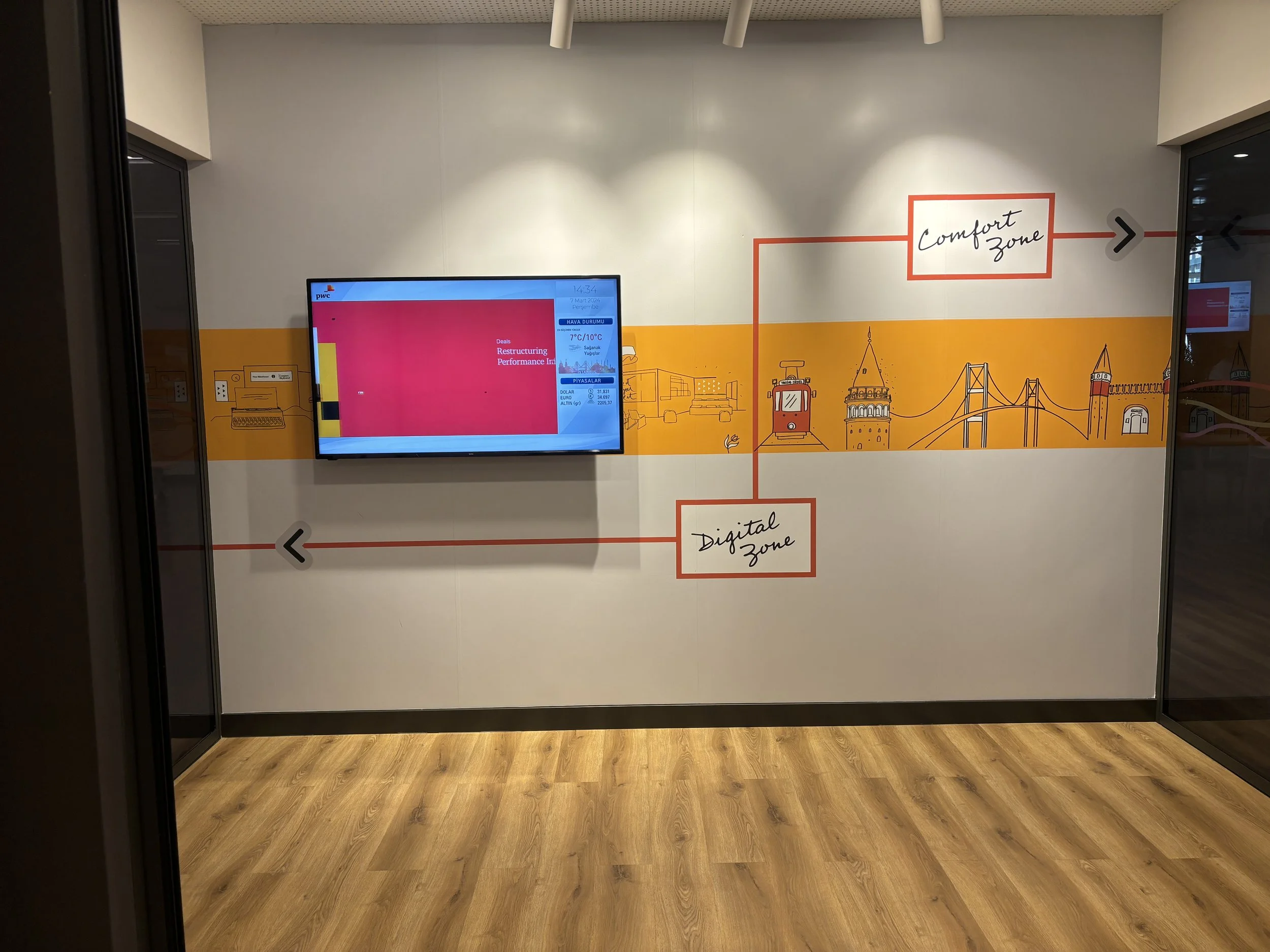 Wall mural with a red line dividing into a 'Comfort Zone' and a 'Digital Zone,' with illustrations of city landmarks including a cable car, a tower, a bridge, and a castle, next to a wall-mounted monitor displaying a red screen.