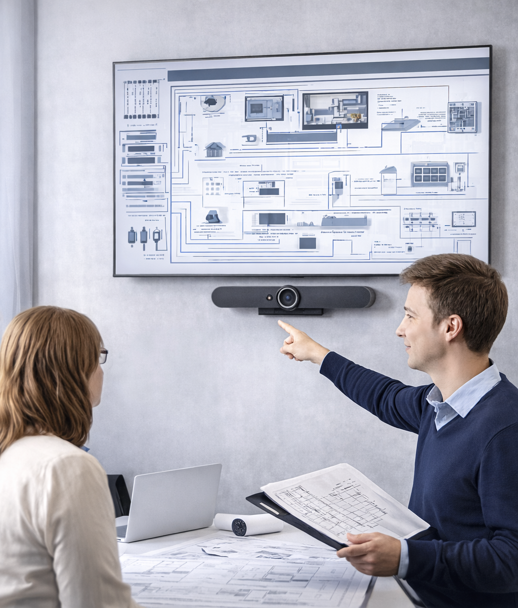 Two people in a meeting room, one pointing at a large architectural blueprint on a screen, while the other listens. The room has a table with a laptop and documents.
