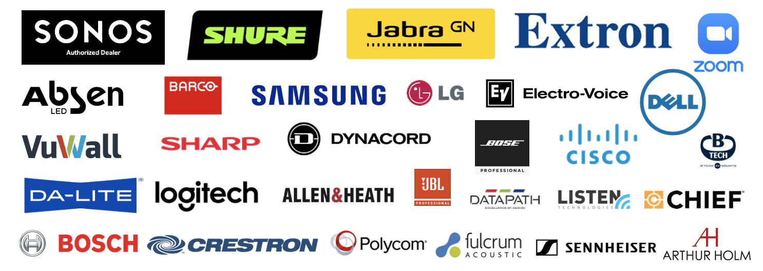 A collection of brand logos including Sonos, Shure, Jabra, Extron, Zoom, Absen, Barco, Samsung, LG, Electro-Voice, Dell, VuWall, Sharp, Dynacord, Bose, Cisco, C+B TECH, Da-Lite, Logitech, Allen & Heath, JBL, Datapath, Listen Technologies, Chief, Bosch, Crestron, Polycom, Fulcrum Acoustic, Sennheiser, and Arthur Holm.