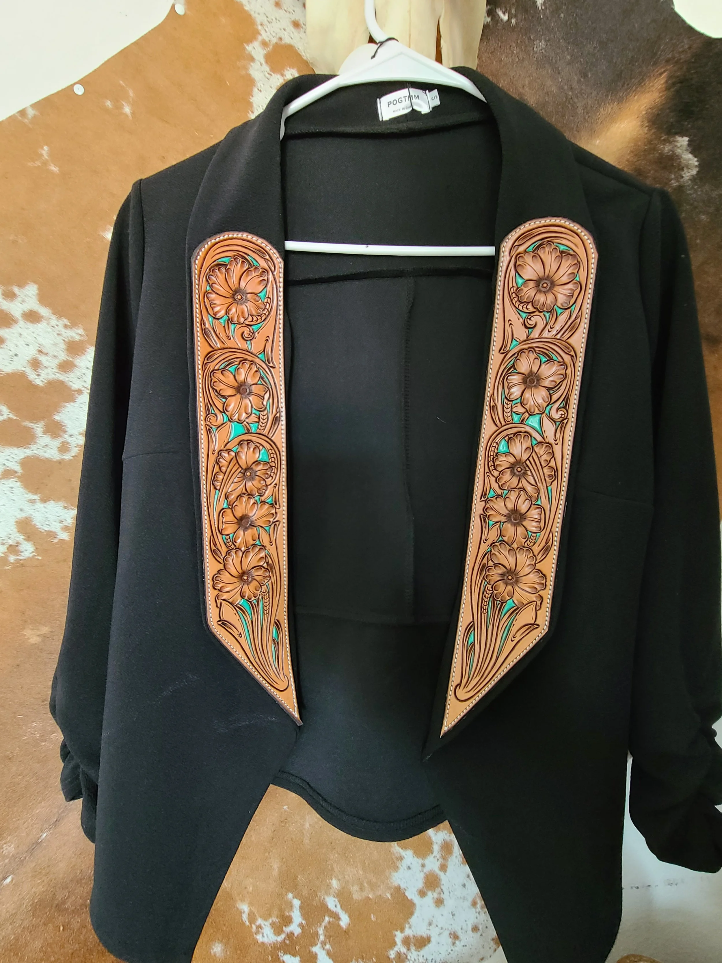 Women's Small Black Blazer with Floral and Turquoise Lapels