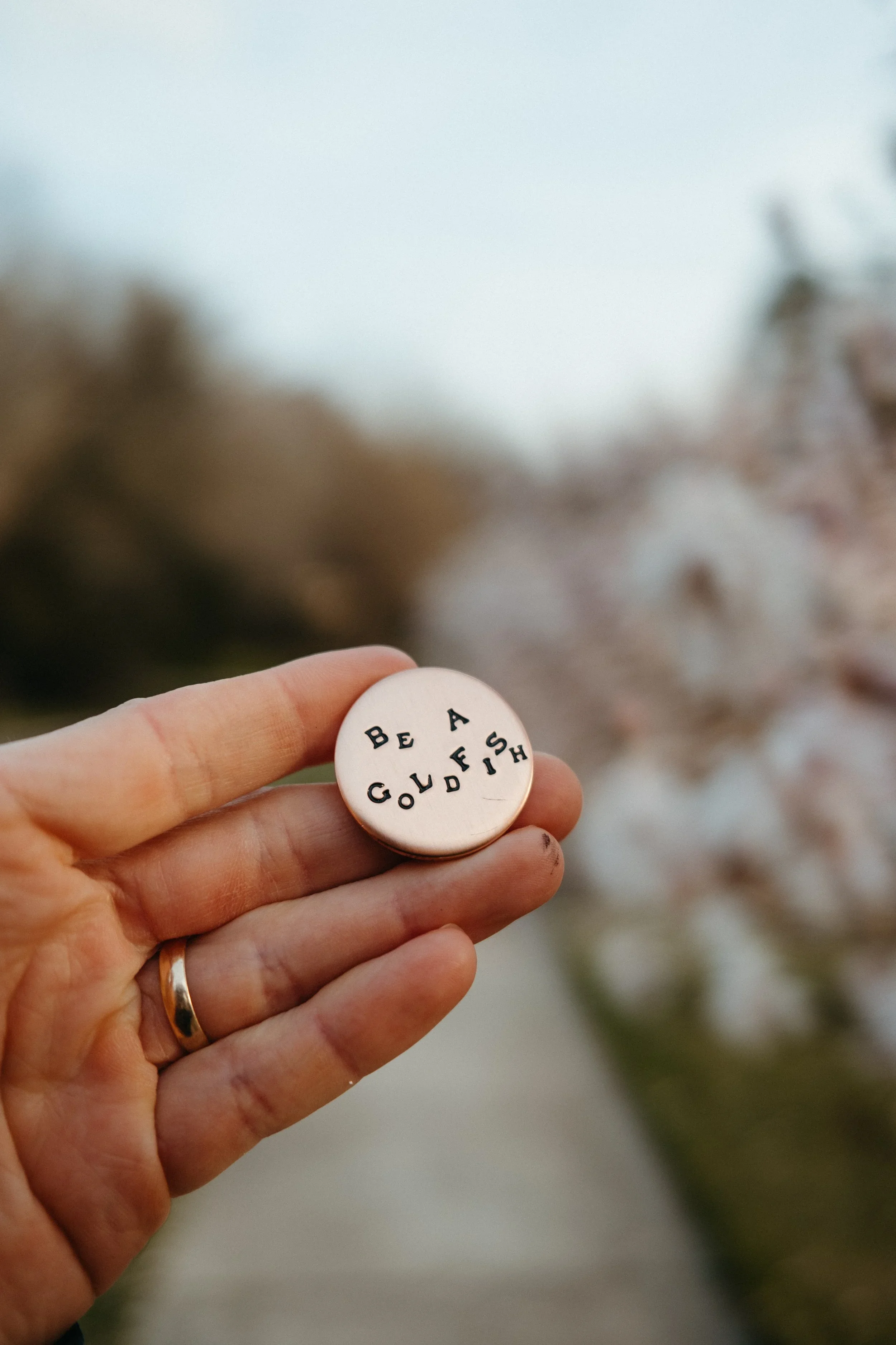Close-up of a hand holding a round pin with the message "Be a goldfish" on it, blurred background of trees and sky.