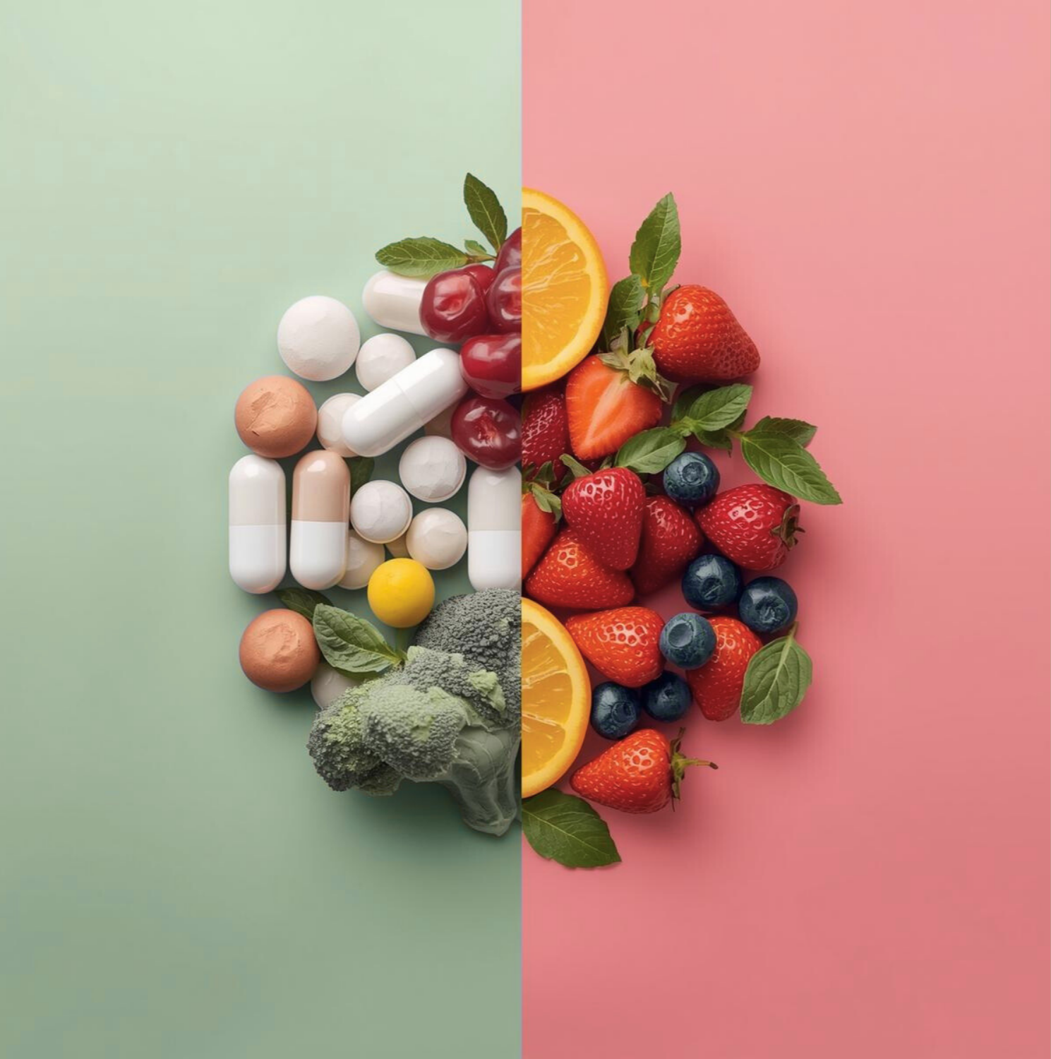 Left side: assorted pills and capsules with a green background. Right side: fresh strawberries, blueberries, orange slices, and mint leaves on a pink background.