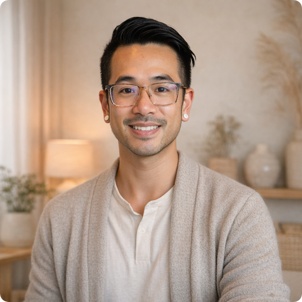 Michael Nguyen, Functional Registered Dietitian at Empowered Health and Wellness in Rehoboth Beach, DE, smiling in his office