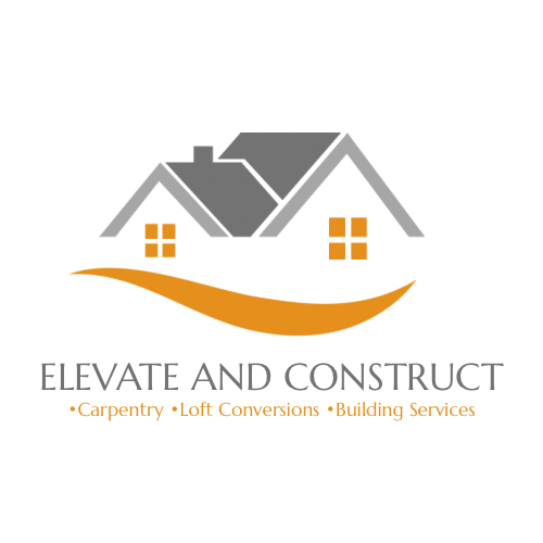 Logo for Elevate and Construct featuring three gray houses with orange windows and swoosh, with services listed: Carpentry, Loft Conversions, Building Services.