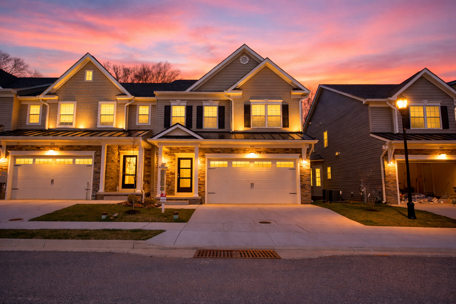 A row of modern townhouses with lit windows and exterior lights at sunset, with a colorful sky in the background.