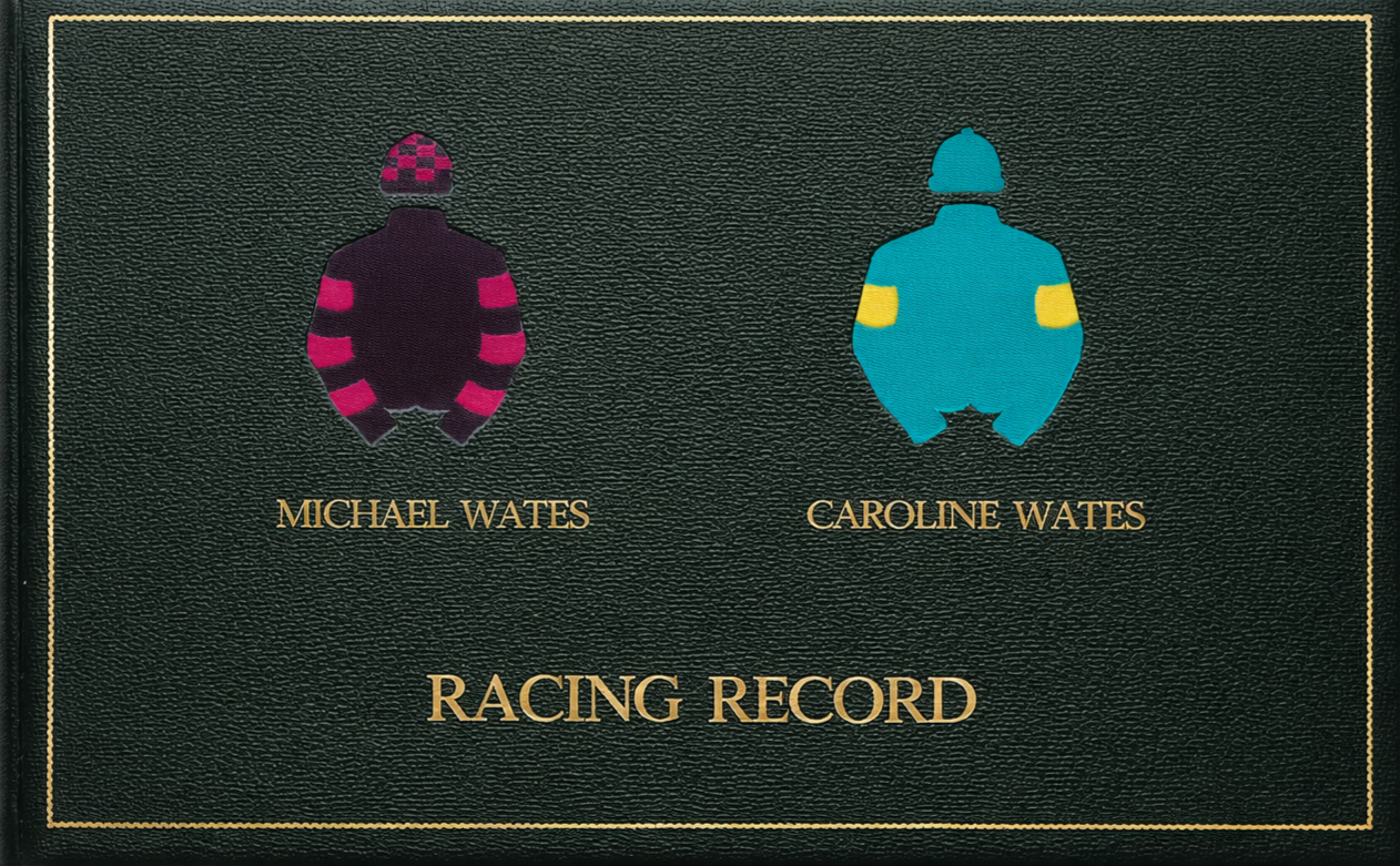 The image shows a racing record display from Michael Wates and Caroline Wates featuring stylized illustrations of two racing horses, with their names below and a black background with a thin gold border.