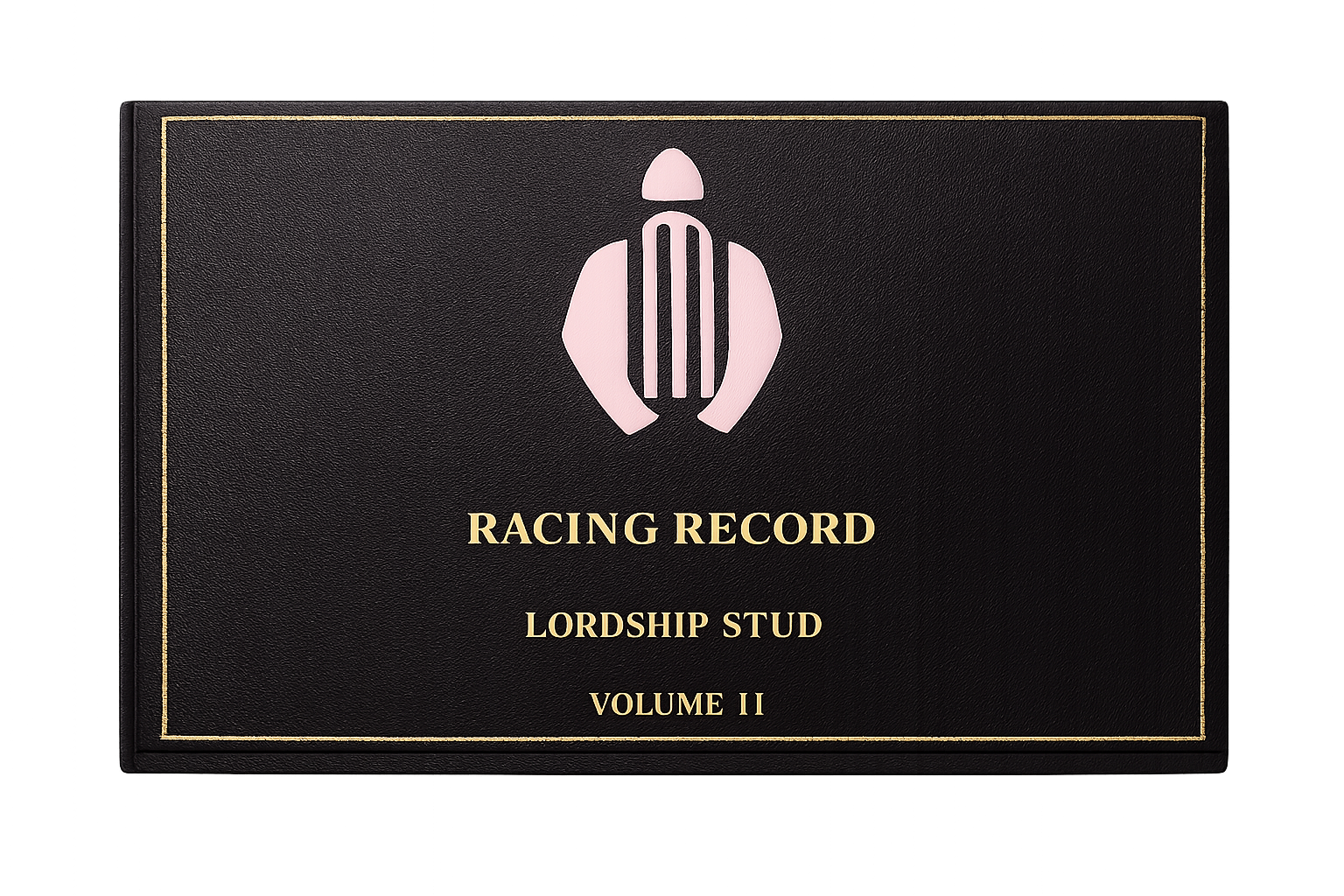 A black box with gold trim and text, featuring a stylized pink and black racing icon at the top. The text reads 'RACING RECORD, LORDSHIP STUD, VOLUME II'.