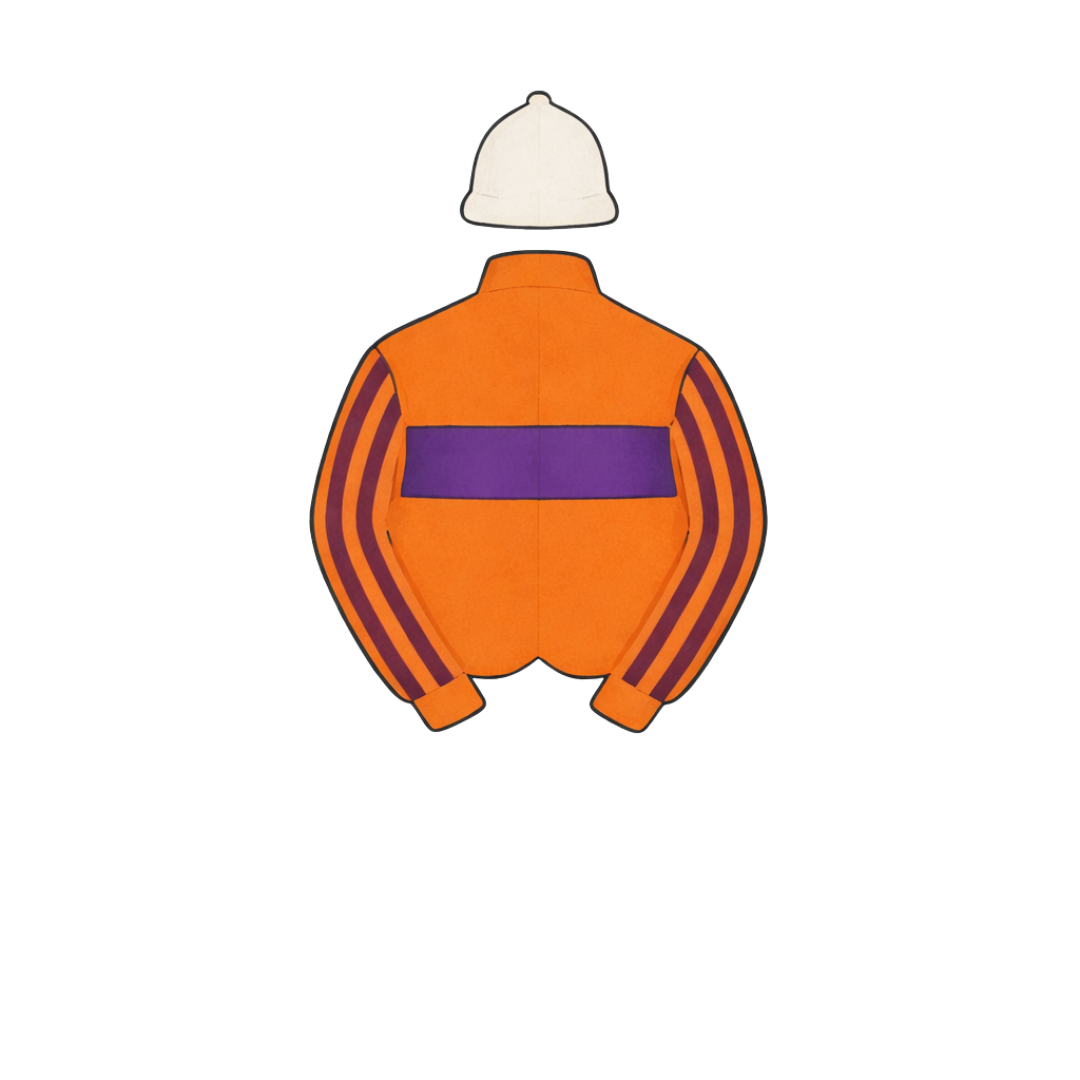 A safety jacket with orange and purple colors, a white helmet placed on top of it, and black gloves placed on it.