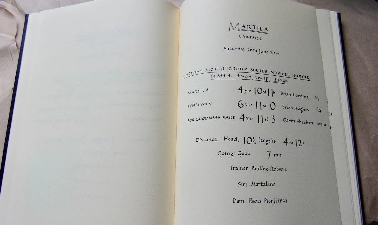 Open notebook with handwritten notes about a horse named Martila, including details of its race on Saturday, June 26, 2016, during a race at Haddwíns Motor Group Mares Novices Hurdle, with information on jockeys, weights, trainers, distance, and othe