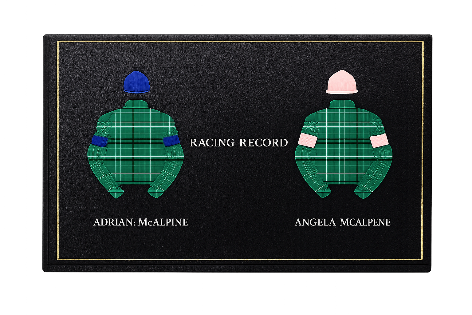 A racing record. The racer on the left is wearing a blue hat and blue armbands, with the name Adrian McAlpine written below. The racer on the right is wearing a pink hat and pink armbands, with the name Angela McAlpine written below. The background i