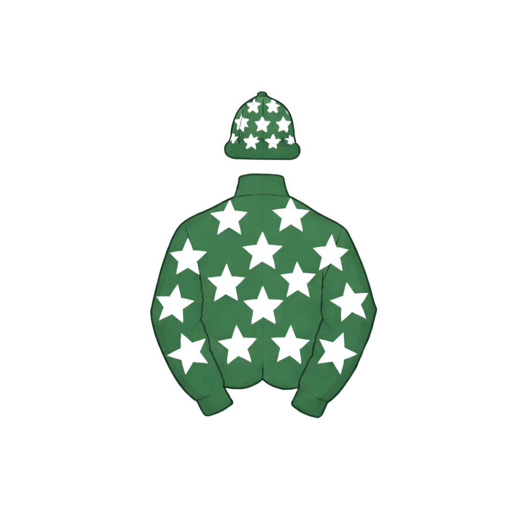 Green jacket and beanie hat covered in white star patterns.