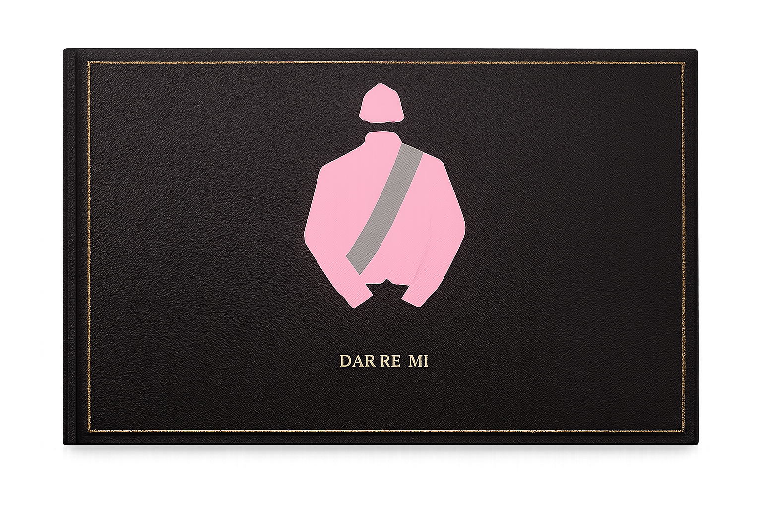 A black box with a minimalist pink silhouette of a jockey wearing a cap and carrying a crossbody bag, with the text "DAR RE MI" underneath.
