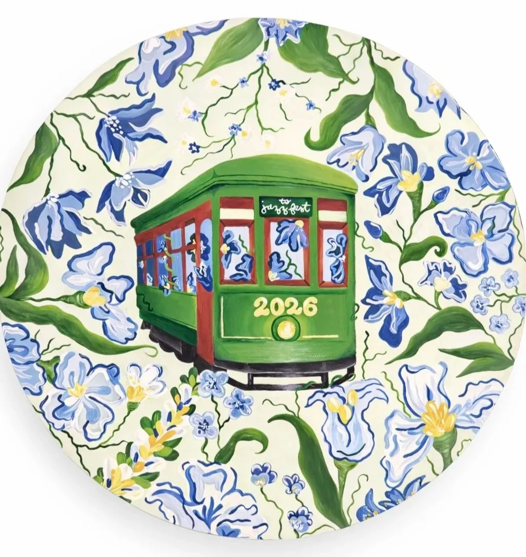 "Spring on the Streetcar Line", January 2026, Donation to the Jazz & Heritage Festival and Foundation, Acrylic on Tamburello