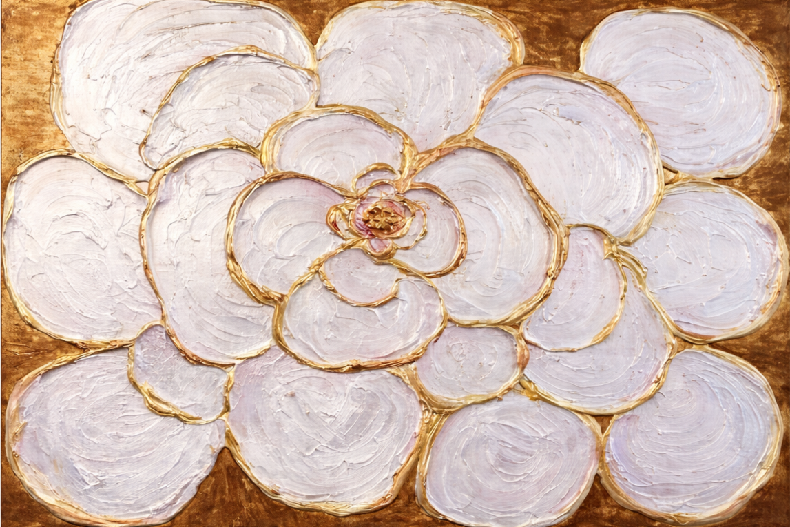 A painting of a large flower with white petals outlined in gold, set against a gold background.