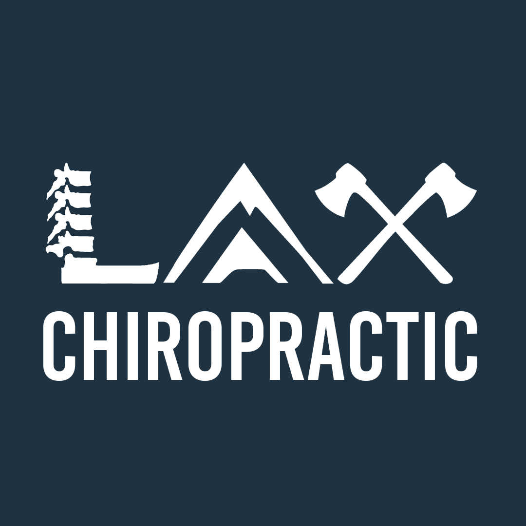Logo for LAX Chiropractic with mountain, trees, and crossed axes design.